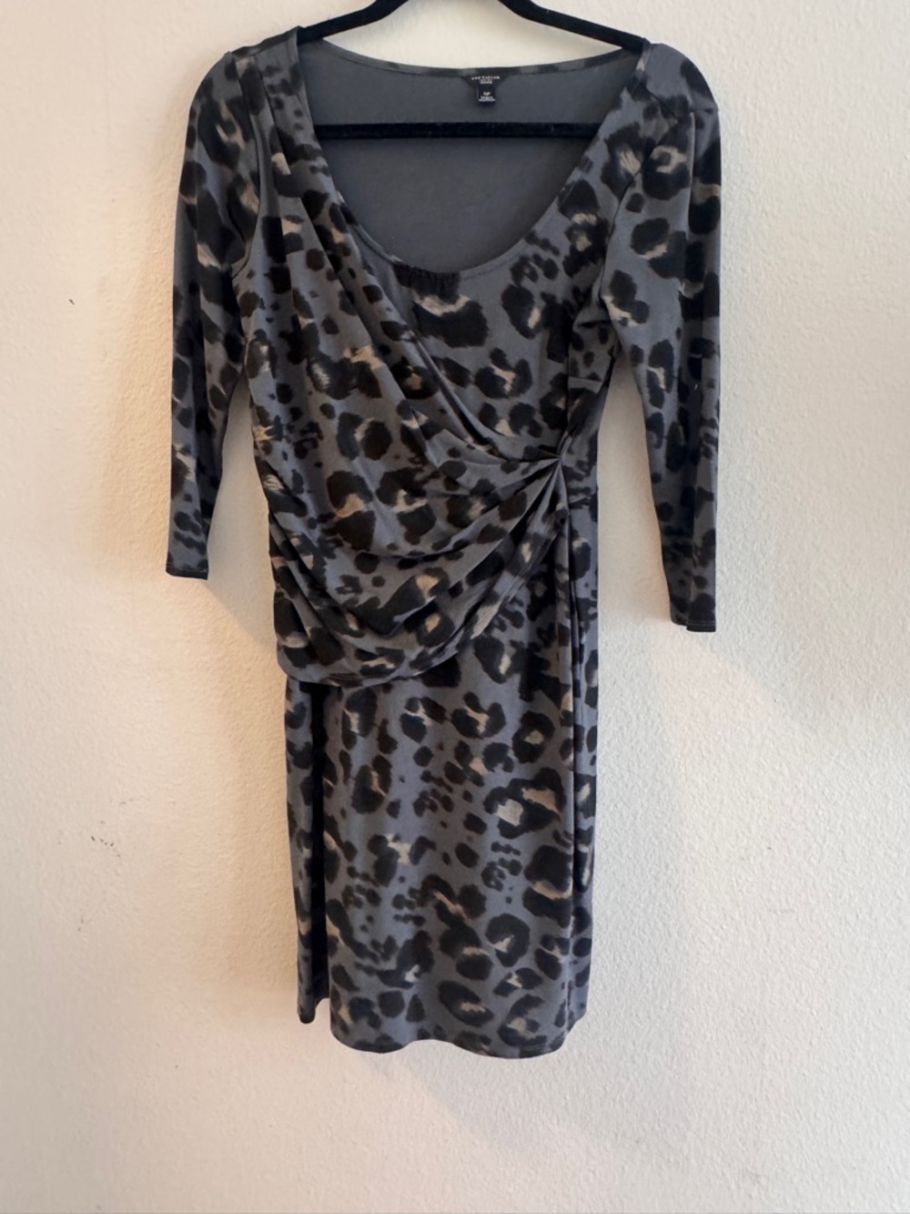 Ann Taylor Gray Leopard Print Draped Long Sleeve Dress, Size SMALL PETITE
